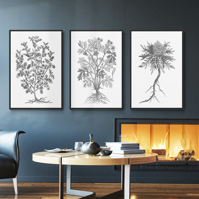 Ensemble de 3 pièces encadrées sur toile noir et blanc I, Naturel, H 27 po x l 54 po