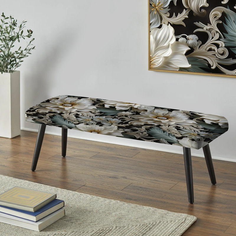 Banc noir rembourré Botanical, Motif de fleurs exotiques grises et blanches I