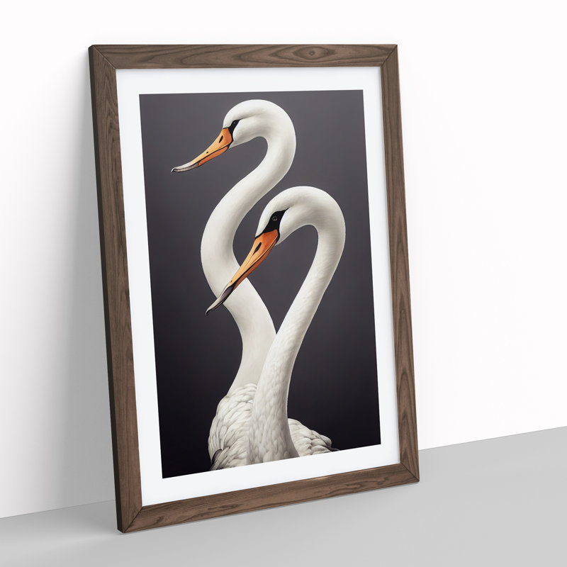 Two Pretty Swans - Wall Art, 36cm H x 27cm W x 3cm D, Walnut Picture Framed, White