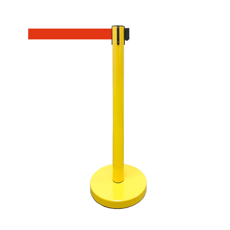 36" Retractable Belt Queue Safety Stanchion Barrier (2 Posts w/78" Red Belt), Yellow