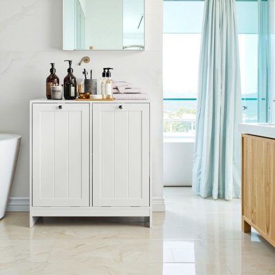 Tilted Laundry Hamper With Removable Basket, Hidden Laundry Hamper, Bathroom Laundry Hamper Storage Cabinet, Free-Standing Home Organizer, White