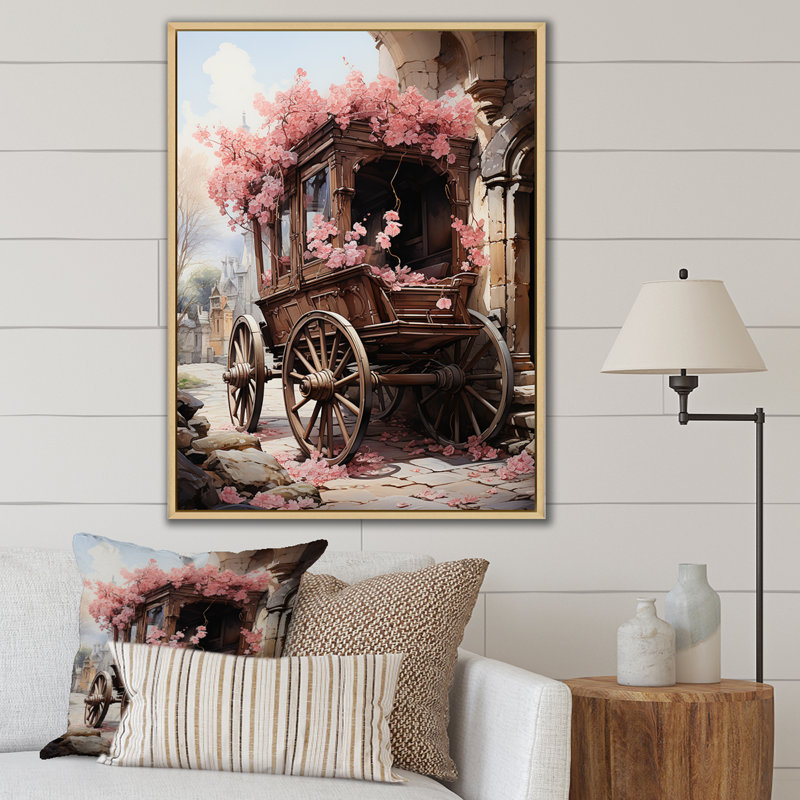 Voyage romantique en chariot de mariage sur toile, Encadrement doré, H 32 po x l 24 po