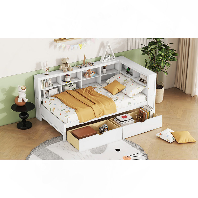 Wooden Twin Size Daybed With 2 Drawers, Daybed With Storage Shelf And USB Charging Ports, White