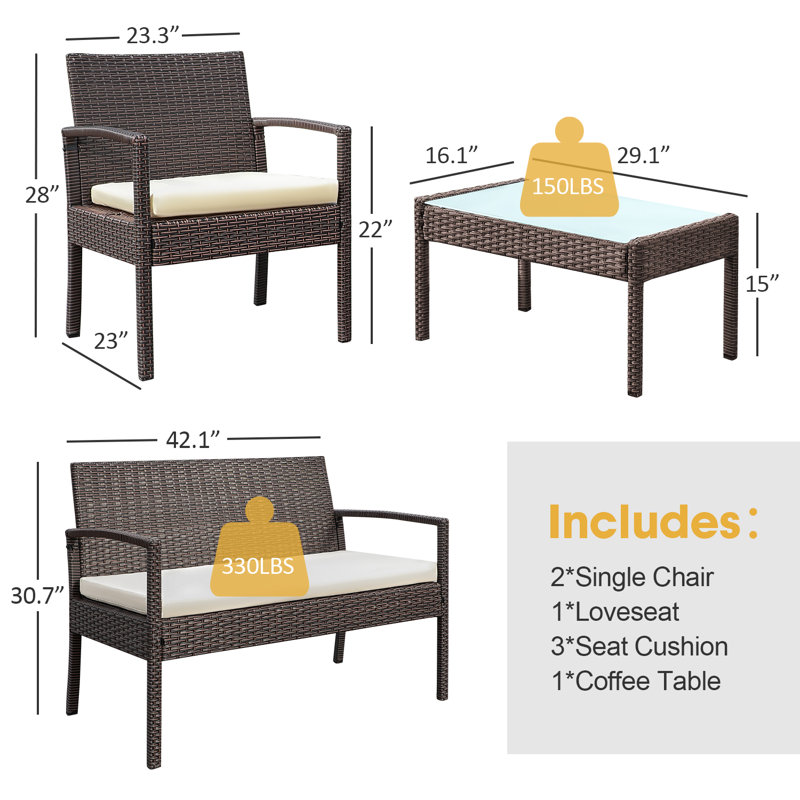 Wicker/Rattan 4 - Person Seating Group with Cushions, White, Brown