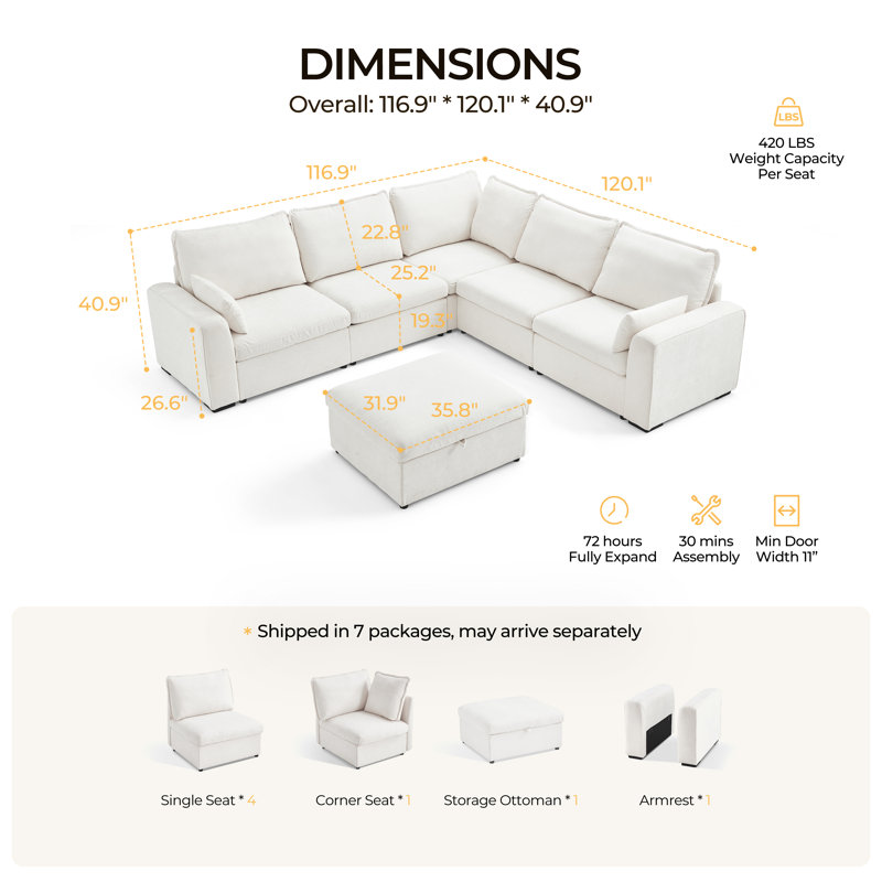 Canapé-lit modulaire surdimensionné à 6 places avec canapé-lit modulaire en chenille convertible profond, Chenille crème