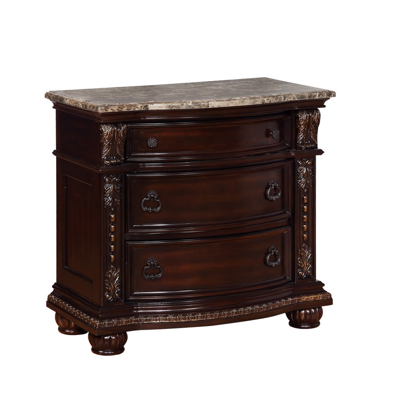 Table de chevet 1 pièce à trois tiroirs en marbre avec moulures complexes, Cerisier