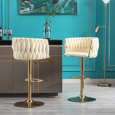 Tabourets de bar de 2 places - Velours, pieds en métal doré, pivotant à 360 °, rembourré de mousse, hauteur réglable pour les restaurants, les cafés avec pivot en métal, hauteur, sièges confortables, cafés, expositions