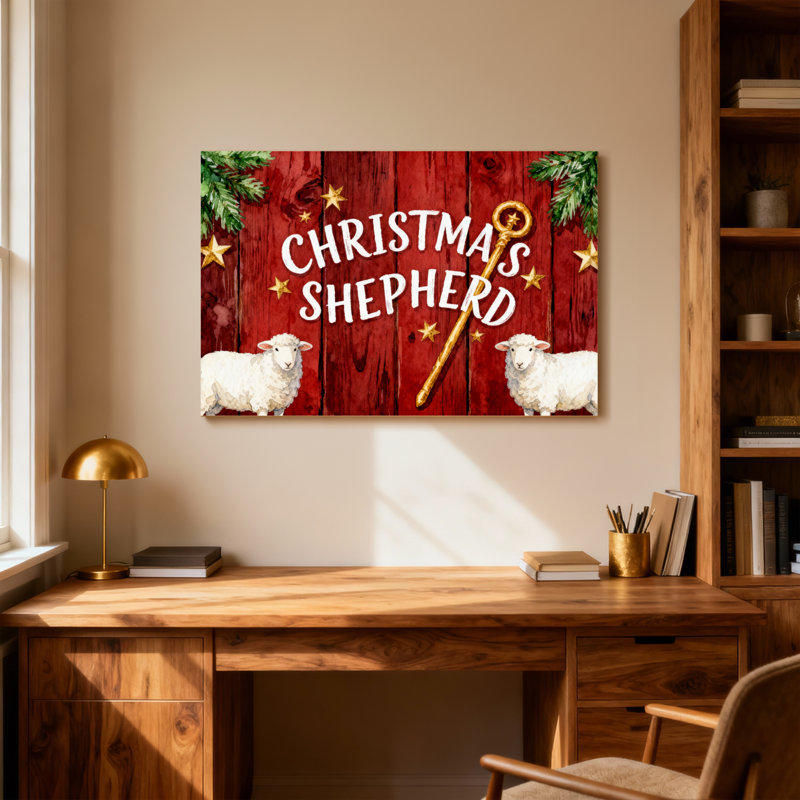 Noël, berger de Noël, fond en bois, étoiles de mouton, branches de pin, H 20 po x l 30 po