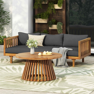 Ensemble de meubles de patio en bois d'acacia, lit de jour d'extérieur 3 places (avec coussins épais résistants à l'eau) et table basse ronde, coussin gris foncé
