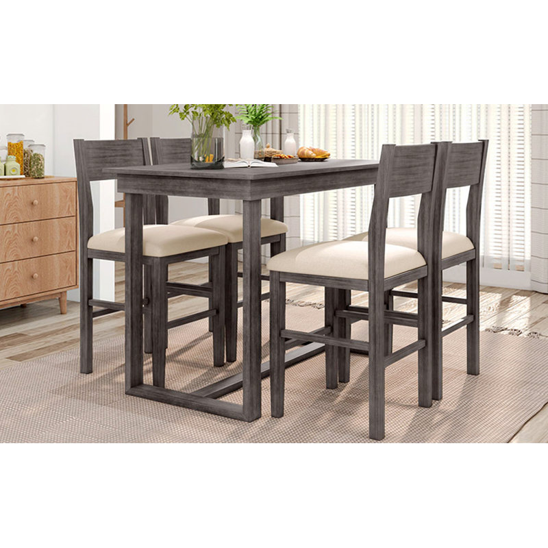 Gray Rubberwood Farmhouse Counter Height Dining Set with Cushioned Chairs