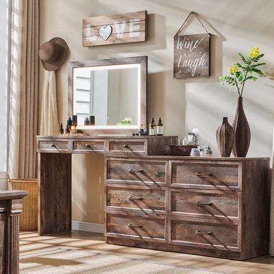 69" W Large Vanity Desk with 30" Lighted Mirror & 9 Drawers, Farmhouse Corner Makeup Table with Glass Top by Millwood Pines