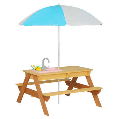 3-in-1 Cedar Kids Picnic Table with Umbrella, Convertible Sand and Water Activity Table for Backyard, Seats 4