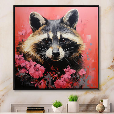 Pink Raccoon Flower I - Raccoon Animal Wall Art