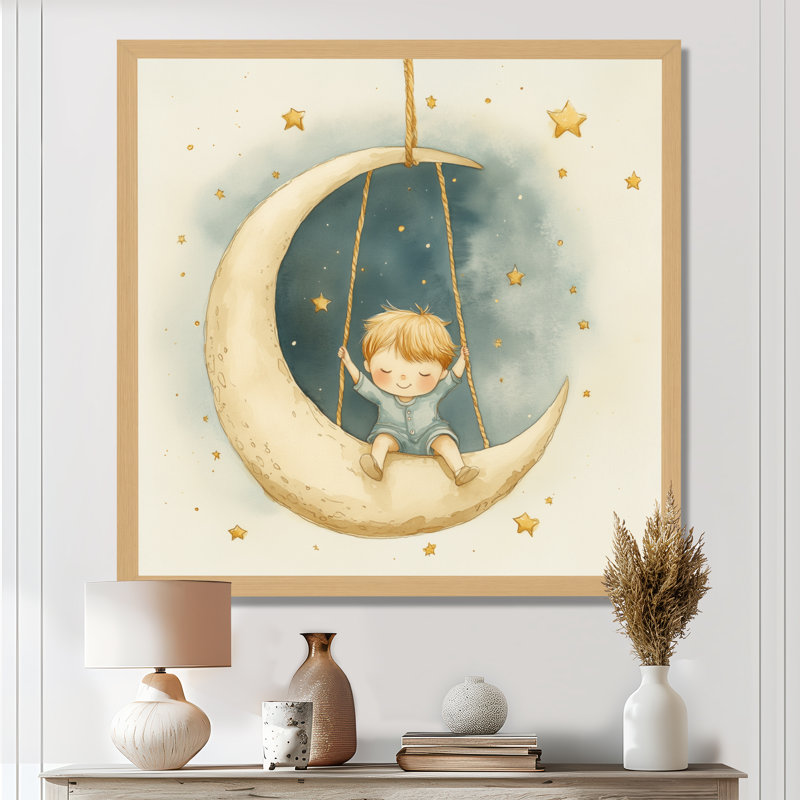 Garçon se balançant sur la lune - Tableau encadré pour enfants, 30" H x 30" W, Cadre naturel