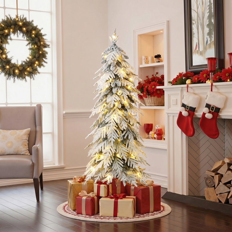 Sapin de Noël artificiel crayon floqué de 1,5 m, préilluminé avec 80 lumières DEL blanc chaud
