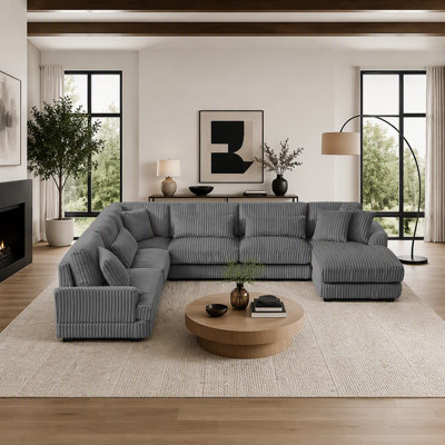 Très grand canapé modulaire en velours côtelé en forme de U avec méridienne, canapé rembourré moderne à 5 places pour le salon