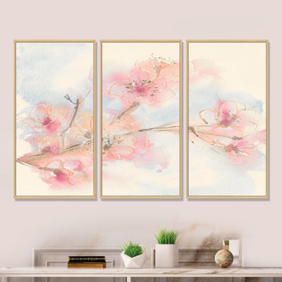 "Pink Blossoms Branch - Shabby Elegance", ensemble de 3 toiles encadrées