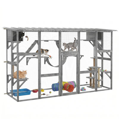 Catio Playground Cat Window Box Outside Enclosure for Multiple Cats w/ Shelves & Bridges, Gray