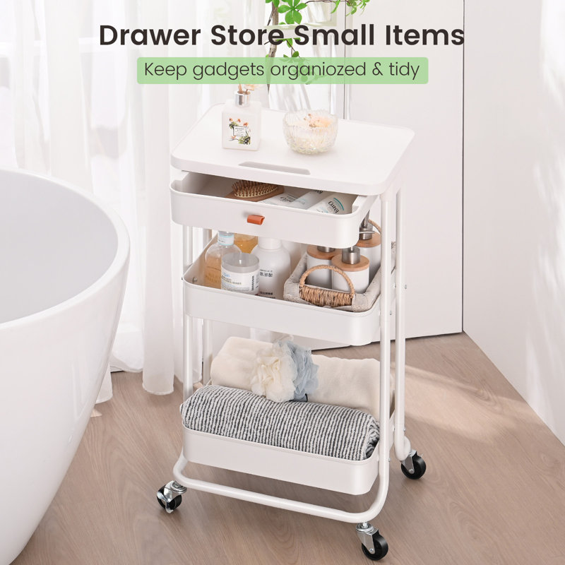 Utility Cart with Wheels,Metal Cart,3 Tier Rolling Cart With Drawer & Table Top,Bathroom Cart,Salon Trolley Cart,Kitchen Storage Cart