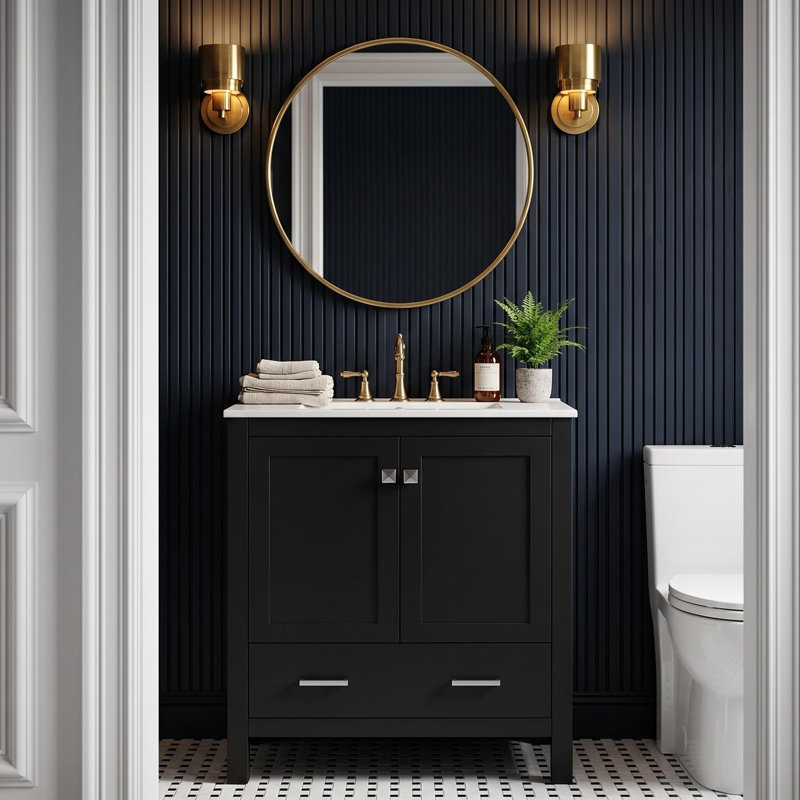 Armoire de salle de bain autoportante verte avec plateau en céramique, organisateur de porte et tiroir de séparation, Noir