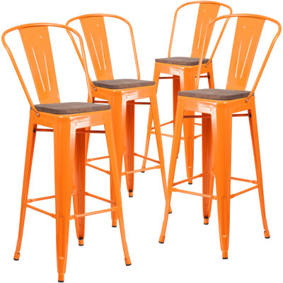 Margherite Modern Bistro Metal Dining Stool with Curved Vertical Slat Back and Wood Seat