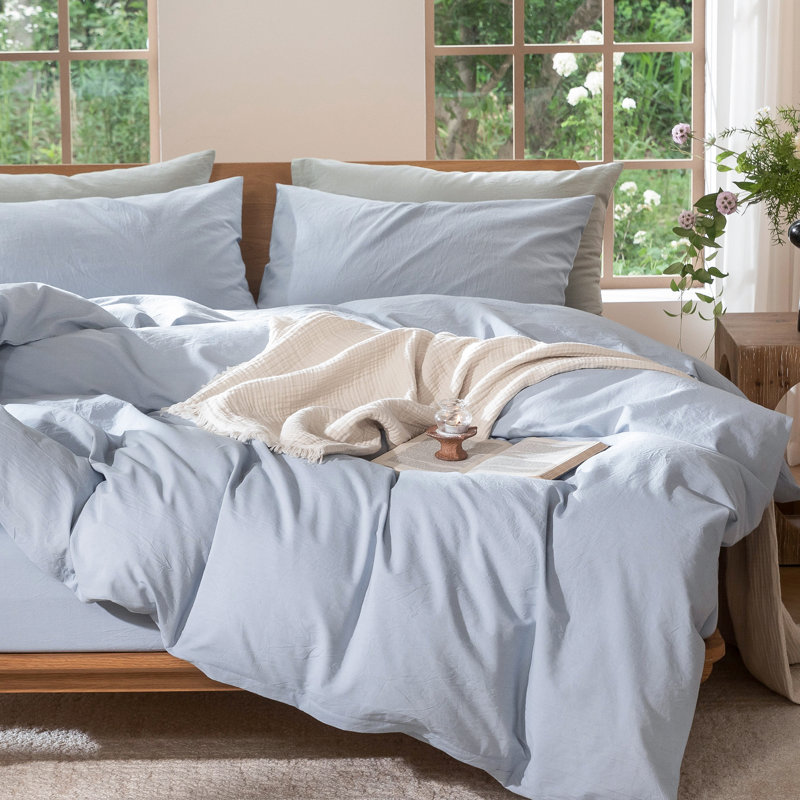 MooMee Lightweight Duvet Cover Set with Zipper Closure 8 Ties 100% Washed Cotton Linen Like Textured Soft Breathable All-Season