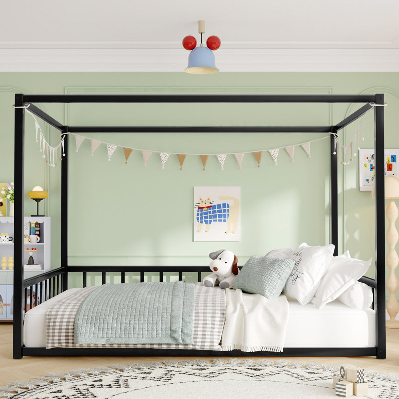Sunshade Floor Bed with Iron Frame, Fence-Style Guardrails, and Low-Profile Design for Modern Bedrooms, Full