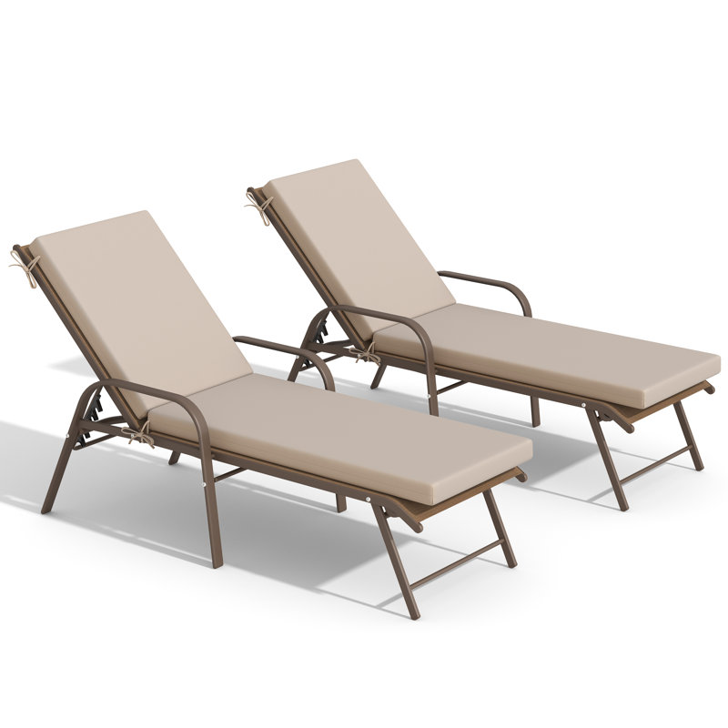 Adjustable Aluminum Outdoor Chaise Lounge Chairs With Removable Cushions (Set Of 2), Beige, Brown/Brown