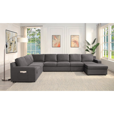 Waylon 145.5" Gray Linen 7-Seater U-Shape Sectional Sofa Chaise With Pocket