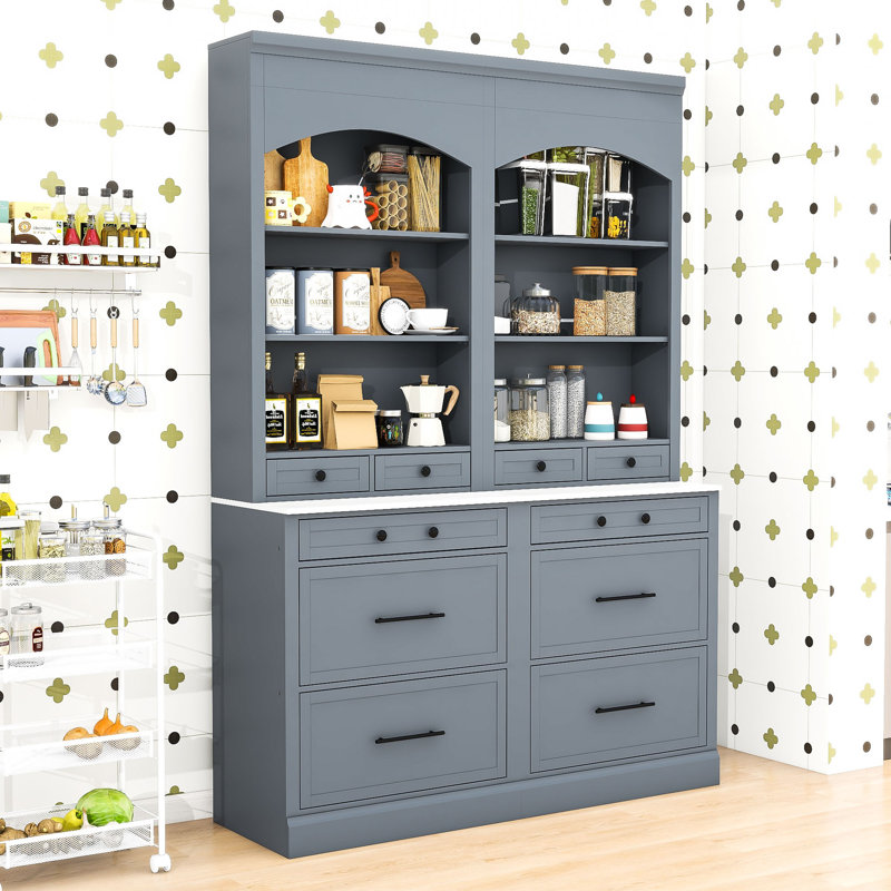Ensemble de 2 grands garde-manger autoportants avec tablette réglable, plateau en faux marbre et tiroirs, Gris, Noir