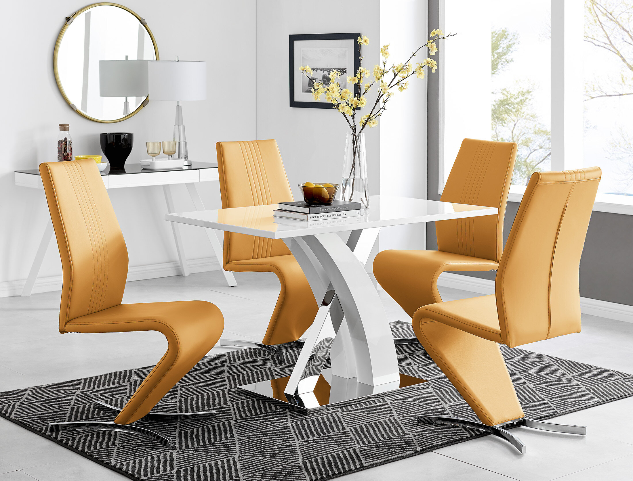 https://assets.wfcdn.com/im/89344512/compr-r85/1240/124071205/edzard-chrome-white-high-gloss-dining-table-set-with-4-luxury-faux-leather-dining-chairs.jpg