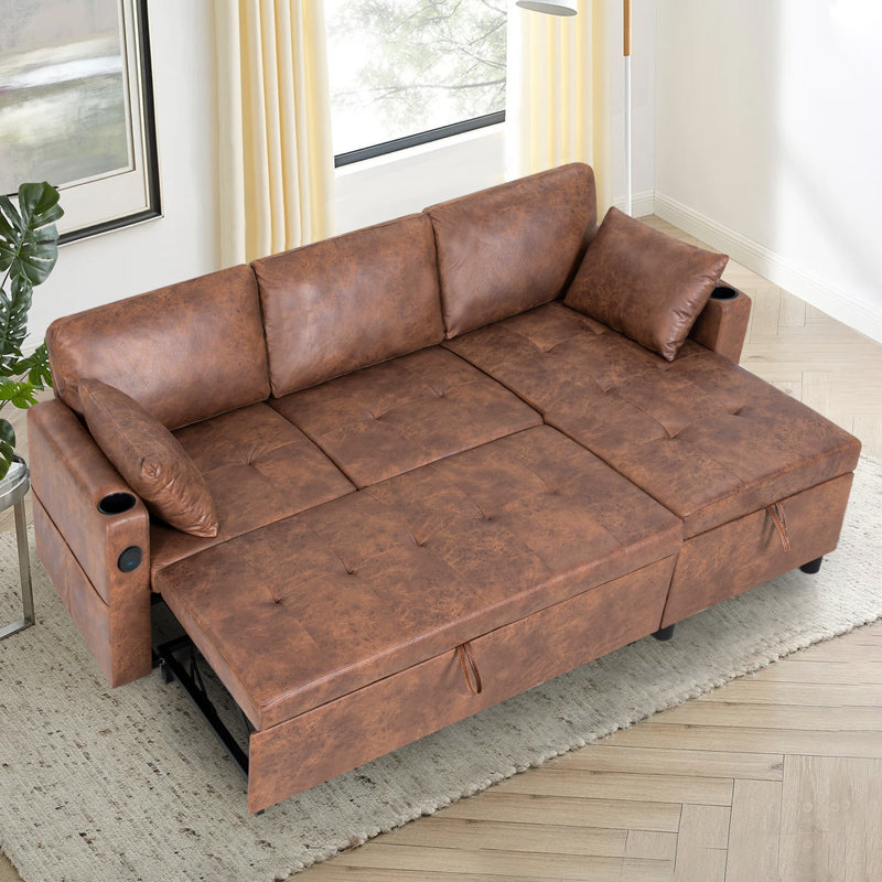 84" Reversible Sectional Pull-Out Sofa Bed With Adjustable Backrest,Suede Leather Modern L-Shape Sofa With Storage Chaise, 3-Seat Convertible Couch With Usb Charging Port For Living Room, Apartment, House