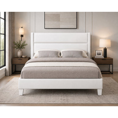 Lit plateforme tapissier avec tête de lit capitonnée horizontale, blanc, grand