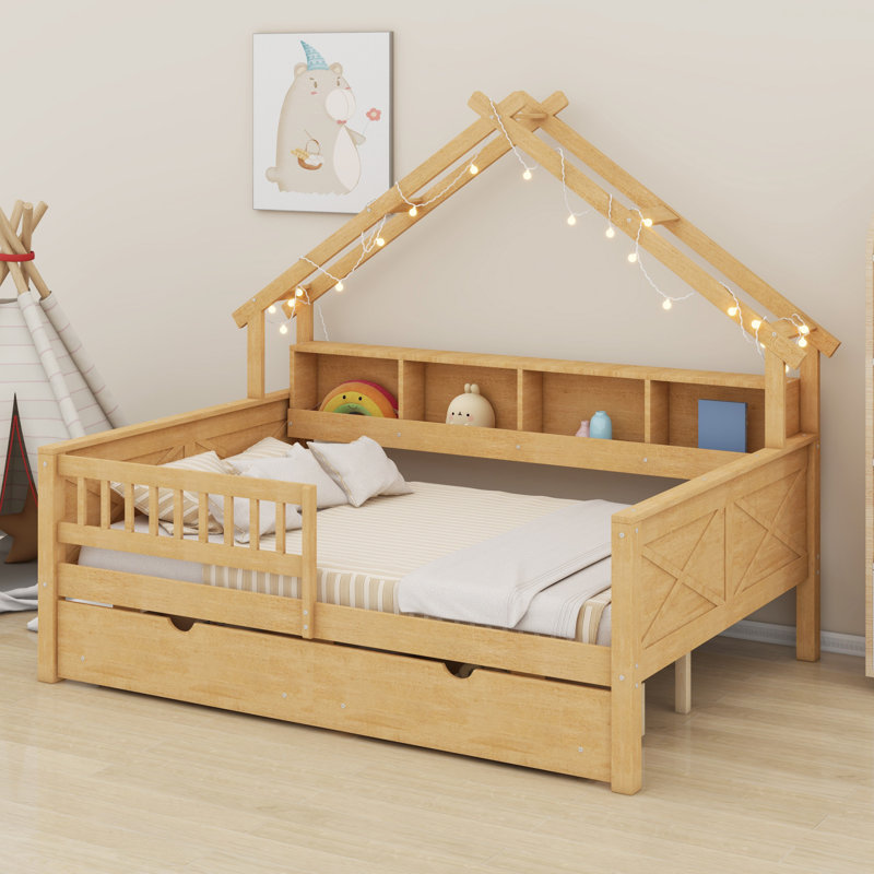 Lits plateforme Woodhouse avec DEL, tablettes de rangement, tiroirs et garde-corps, Naturel
