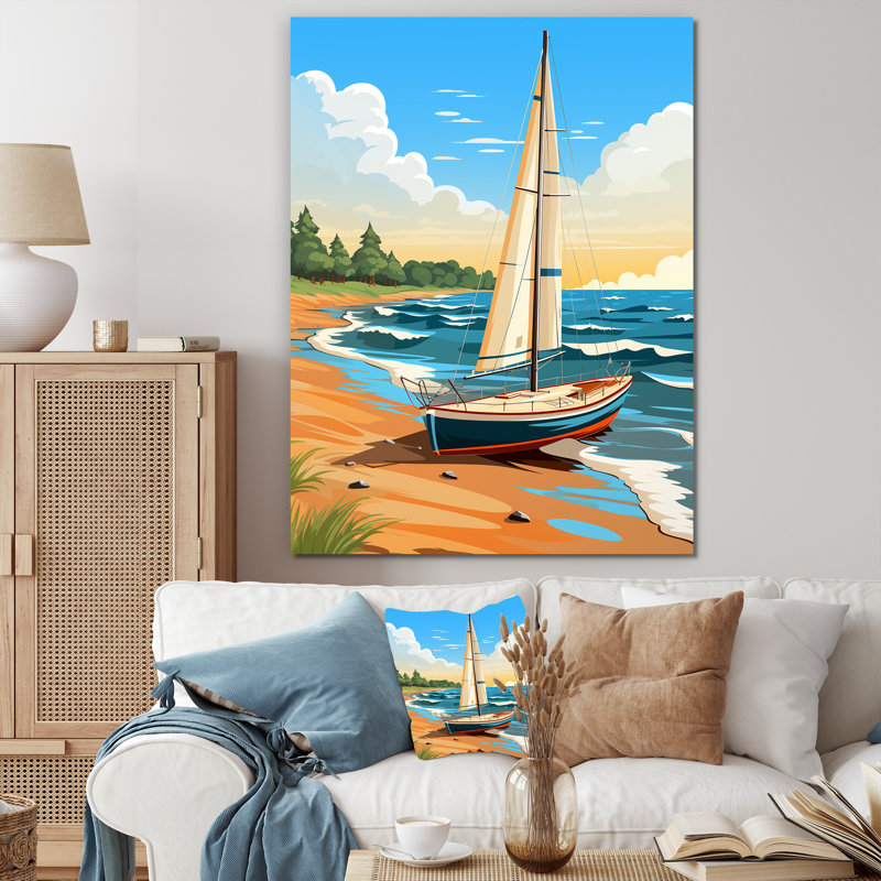 Illustration rétro d'un voilier blanc sur le rivage, H 32 po x l 16 po x P 1 po, Toile tendue