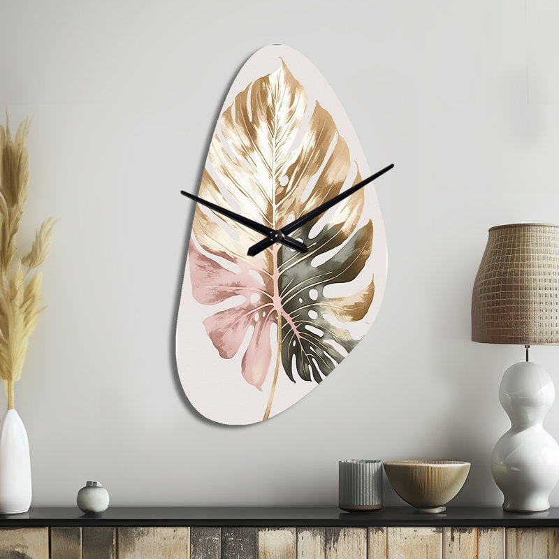 Or et blanc Philodendron feuille II - horloge murale traditionnelle de forme unique, horloge murale dorée, Grand