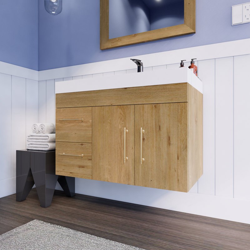 35.44'' Single Bathroom Vanity with Acrylic Top, Teak Oak