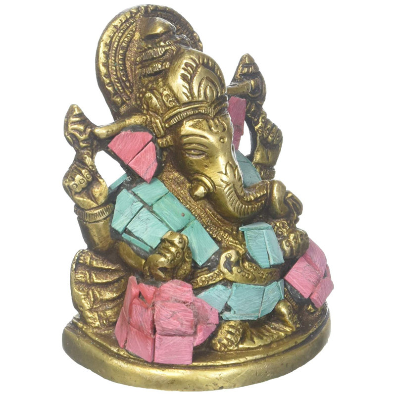 Statue de Ganesha en laiton fabriquée à la main avec incrustation de turquoise et de corail, 3,5 po, figurine de divinité traditionnelle indienne pour l'autel et la salle de méditation