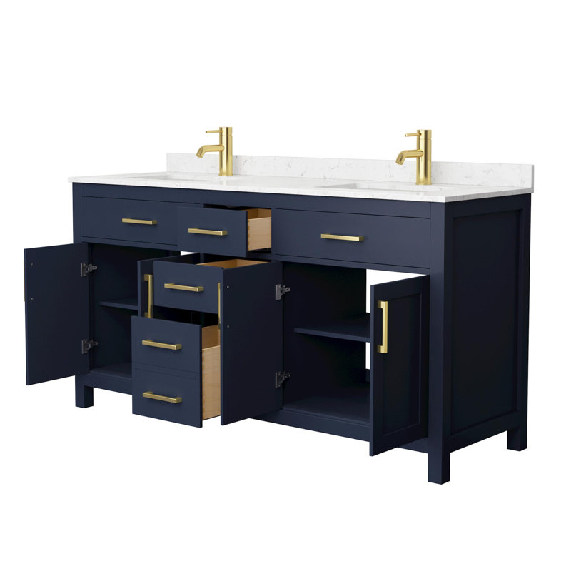 Beckett 66" Freestanding Double Bathroom Vanity with Cultured Marble Top, Dark Blue, Brushed Gold, Carrara Cultured Marble