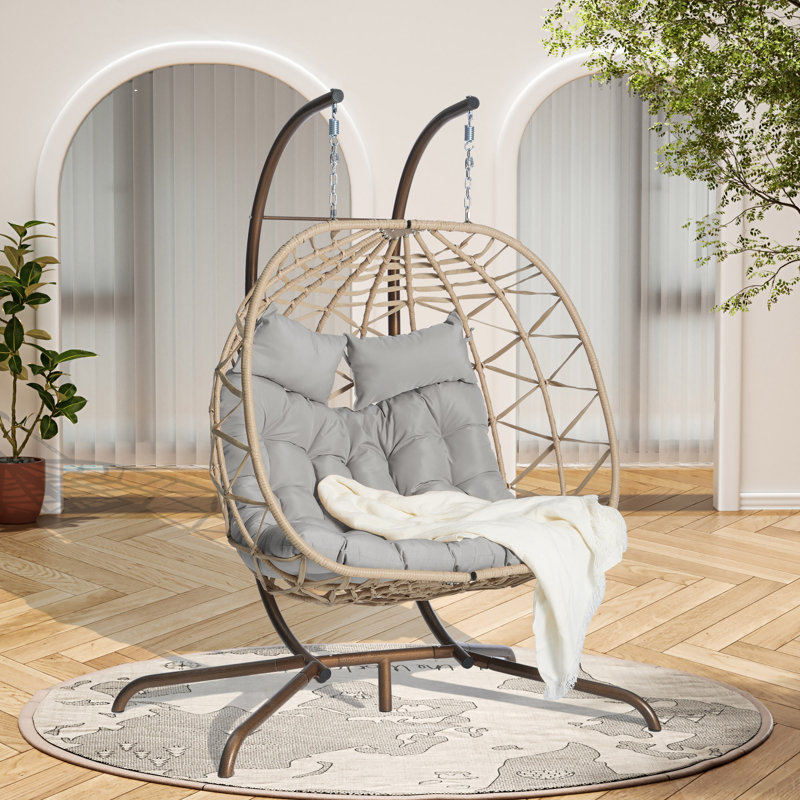 Chaise suspendue en rotin pour 2 personnes, Gris clair, 75.19", Naturel
