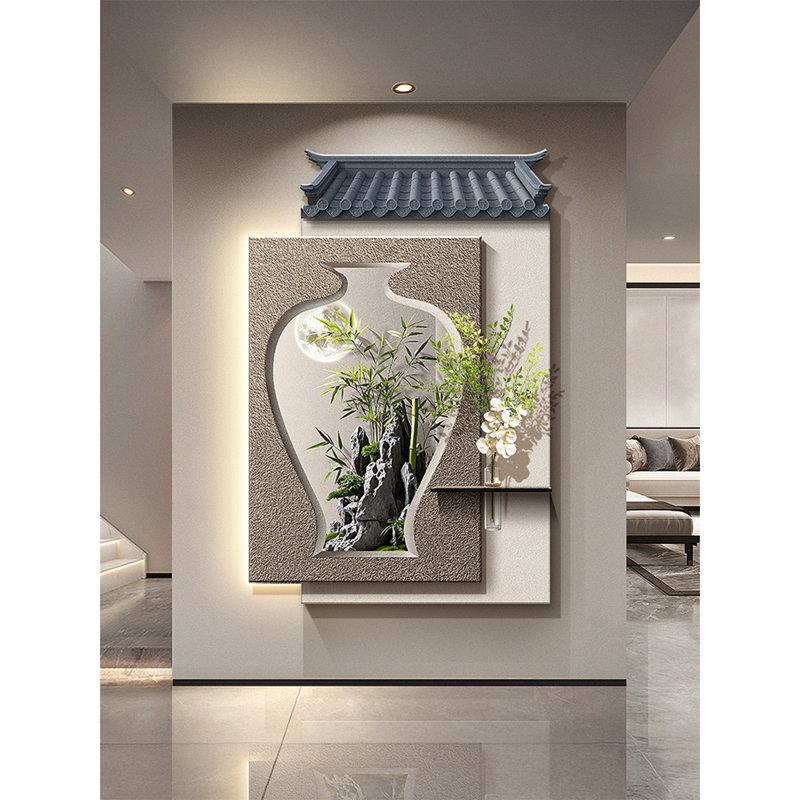 New Chinese-Style Sandstone Hydroponic Green Plant Display With Illuminated Murals, 47.24" H x 31.5" W x 1.57" D