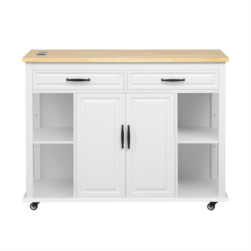 47 Inch Kitchen Island With Extendable Dining Table, Rubber Wood Veneer Kitchen Table With Internal Storage Rack, Power Outlet, Kitchen Island With Storage 2 Drawers 2 Cabinet