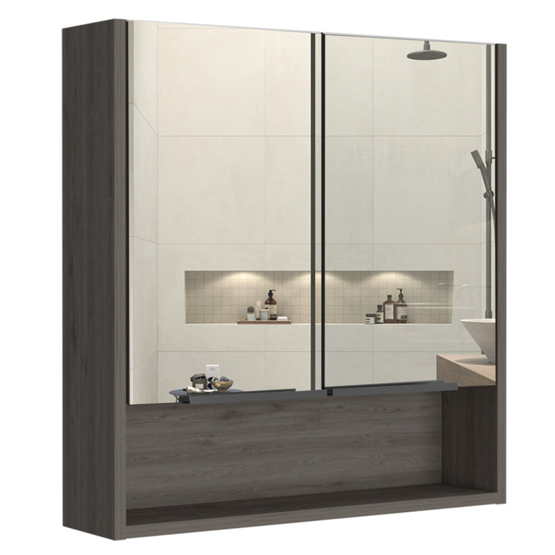 Armoire à miroir Jaspe, trois tablettes internes, une tablette ouverte, armoire à deux portes - noir, Beige