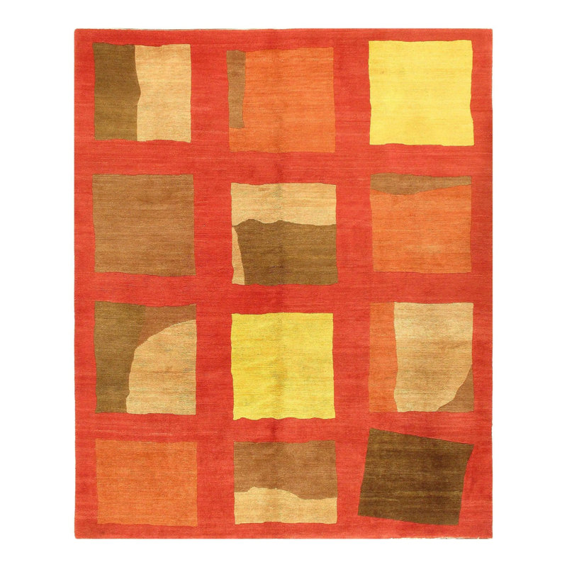 Tapis géométrique en laine / coton noué à la main 8 pi x 10 pi brun / rouge / jaune / citrouille