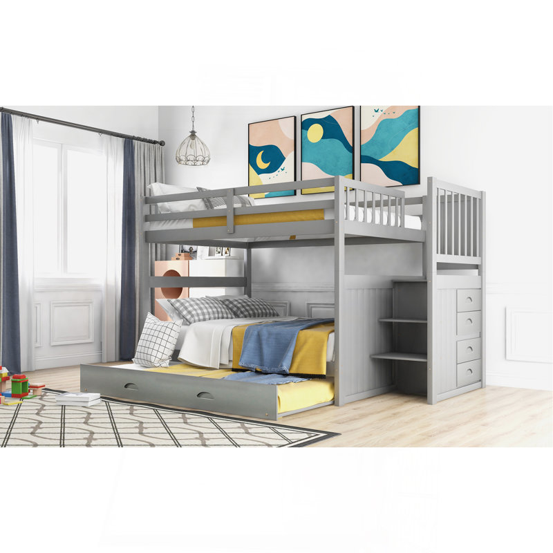 Lit superposé double au-dessus de double avec lit gigogne simple, gris
