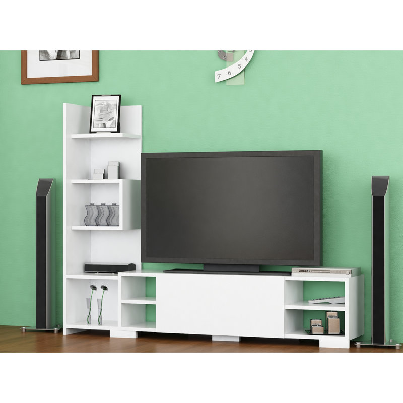 Modern White TV Unit with Multiple Shelves, 63.0 x 47.2 x 11.6 inches | 100% Melamine Coated Particle Board, Thickness: 0.7 inches | Wall-Mountable Design, Stylish and Functional Storage for Living Room & Entertainment Spaces
