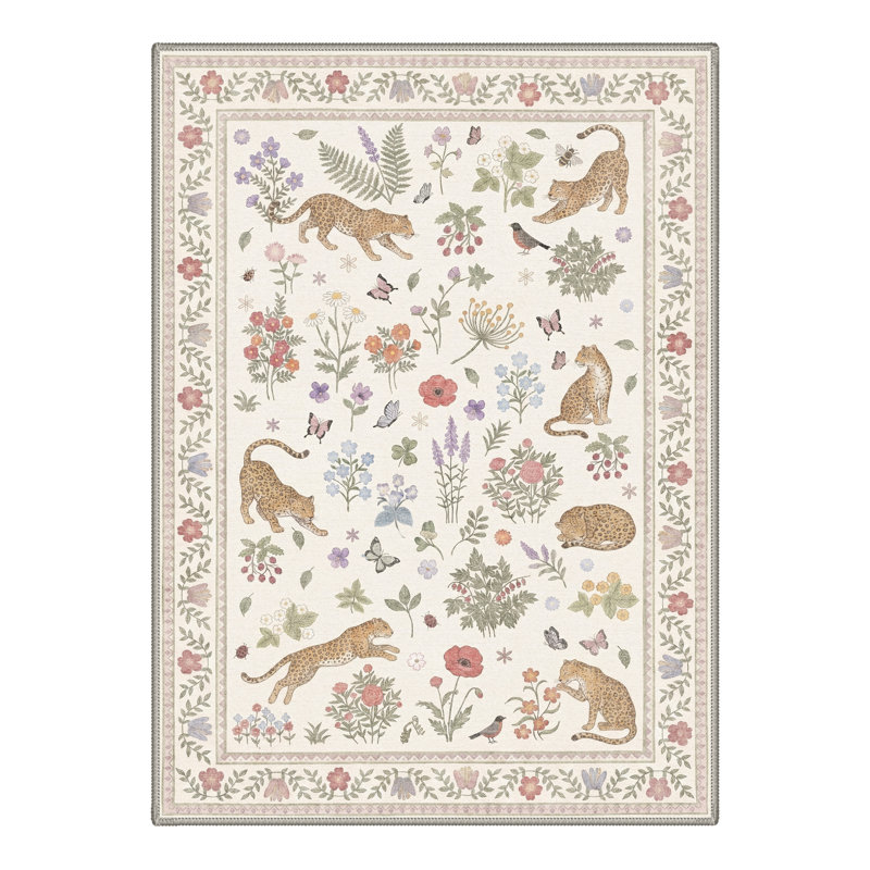 Floral Leopard Machine Washable Sable Beige Indoor Area Rug With Non-Slip Backing, Rectangle 8' x 10'