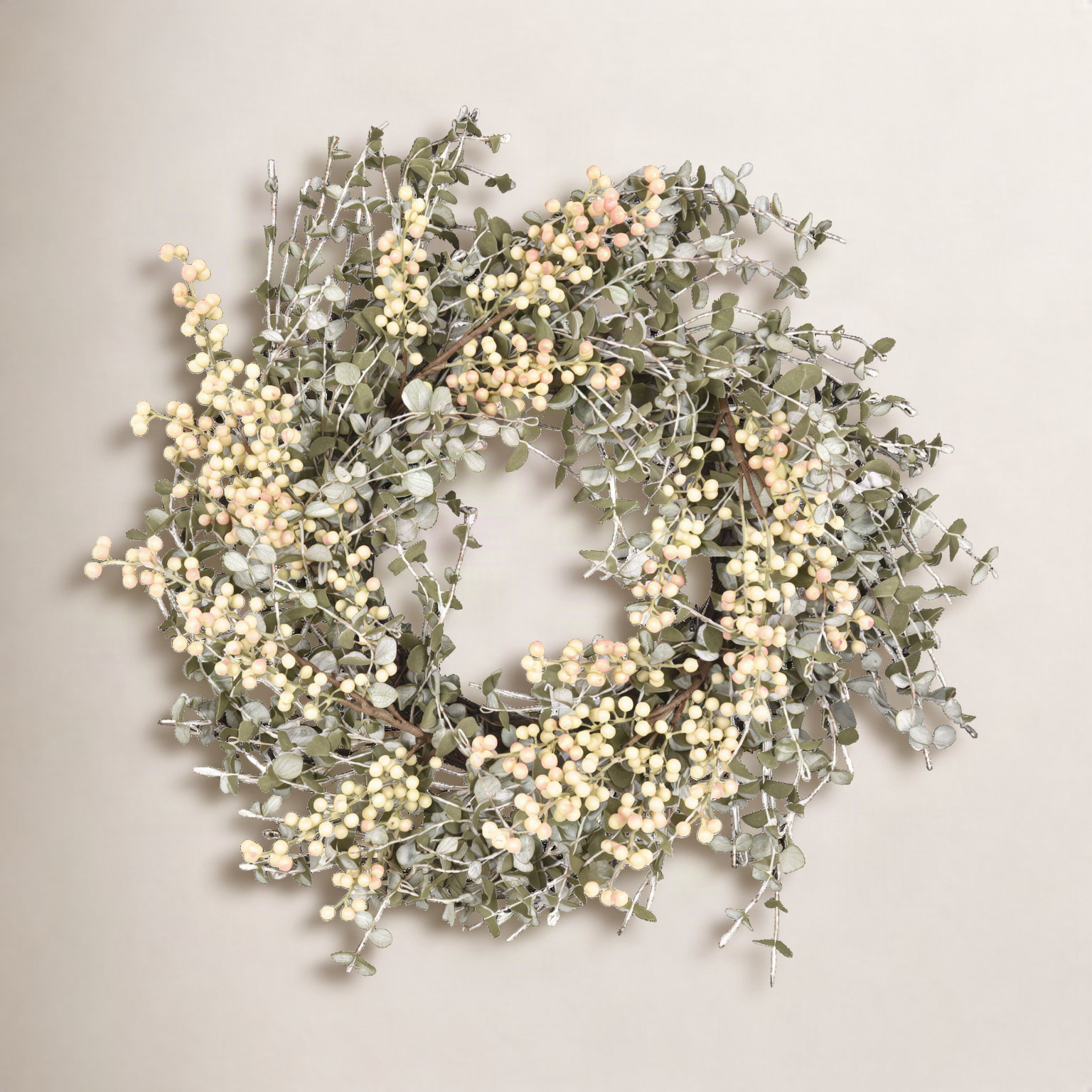 24" Artificial Farmhouse Mini Eucalyptus Blossoms Cluster Berry Spring Fall Wreath For Front Door, Green/Beige