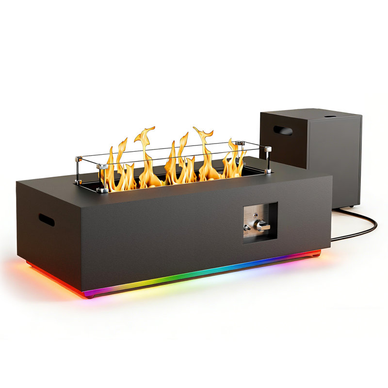42" Rectangular Propane Fire Pit Table LED Gas Firepit Table Outside Patio Deck Garden Backyard with Colorful LED Light Strip, 50,000 BTU Burner and Tank Storage, Black