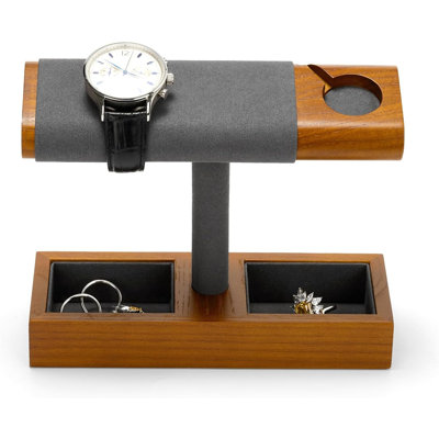 Présentoir de montre en bois massif avec support en T en microfibre pour homme et femme (gris)
